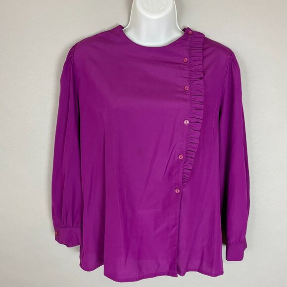 Vintage Blouse Unique Button-Up Long Sleeves Retro Secretary Cropped Sleeves - Picture 10 of 11